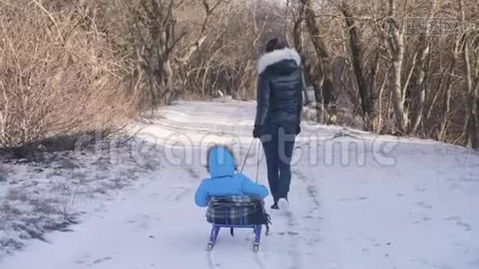 妈妈带着一个孩子坐在雪覆盖的森林上的雪橇上。 开朗的寒假观念..视频