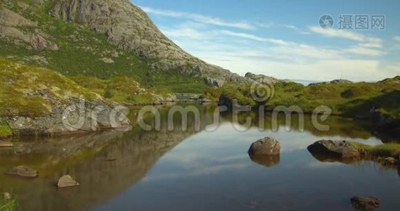 静态拍摄平静的北欧湖nad山。视频