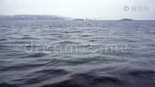 船、浪、海鸥在冬天的海面上视频
