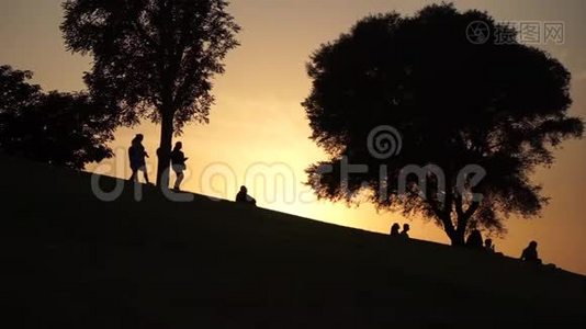 孩子们在日落时慢慢地沿着小山朝树上走视频