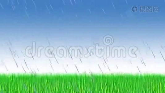 卡通电影关于绿草，蓝天和雨。视频