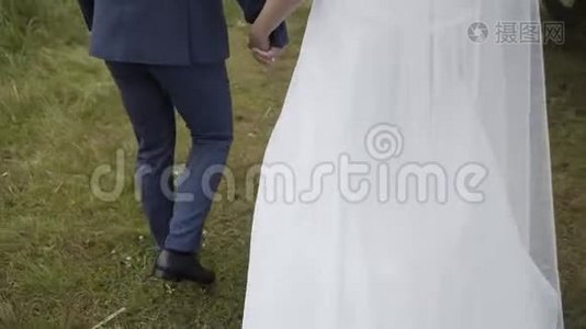 幸福的新娘和新郎走在绿草上。视频