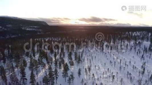 日落时飞越雪山森林上空的北欧冬季景观视频