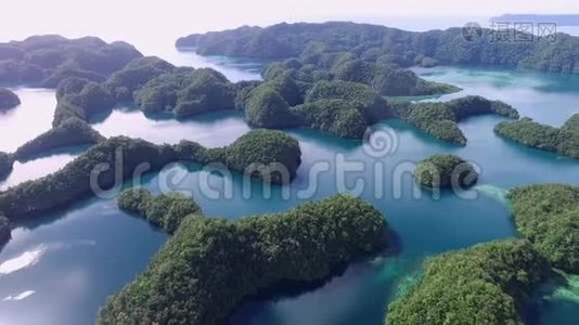 科罗岛的鸟瞰图。 许多绿色小岛。 带有五颜六色珊瑚礁和热带泻湖的海景。 帕劳景观和视频