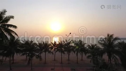 一位骑自行车的人在美丽的日落中沿着海岸移动的剪影视频