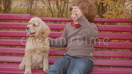 可爱的快乐孩子坐在长凳上和狗在公园里视频