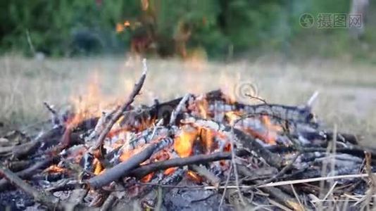 森林里野餐的篝火视频