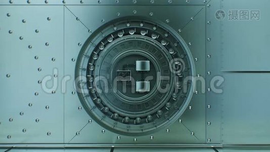 圆形Vault金属门打开缓慢与锁定机构旋转。 漂亮的3D动画安全门与阿尔法面具视频