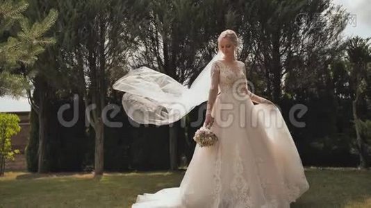 一位年轻的新娘站在公园里，她的面纱正在慢慢落下，她的面纱正在慢慢落下视频