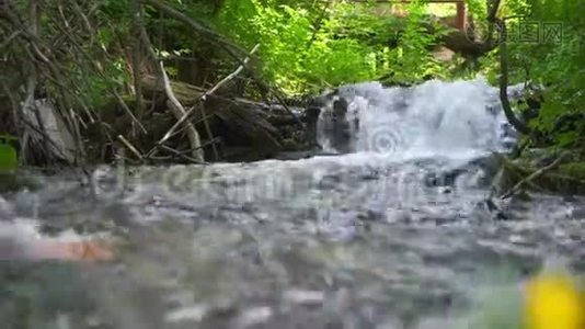 冰冷的山河在石头间流淌.. 寒冷清澈，绿松石的河流。视频
