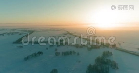 无人驾驶飞机观看寒冷的冬季景观，北极的田野，覆盖着霜雪的树木和清晨的阳光视频