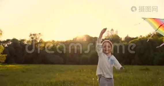 这个男孩放风筝。 夏日。 阳光明媚。 那个穿着灰色T恤和风筝的男孩。 一个欧洲人的男孩视频