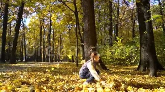 秋天公园里，阳光洒在可爱的小女孩身上，把黄色的叶子扔到空中视频