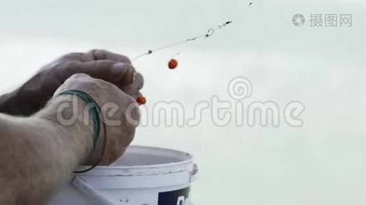特写镜头，一位年长的渔夫的手，准备鱼饵视频