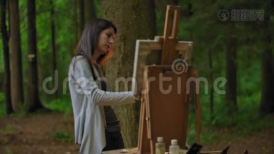 一位年轻女子在公园里画风景的侧景。视频