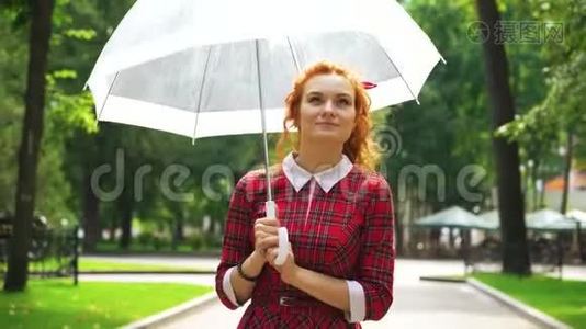 可爱的红发女孩带着雨伞在阳光明媚的公园散步视频