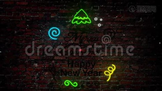 圣诞快乐新年快乐霓虹灯标志4K环视频