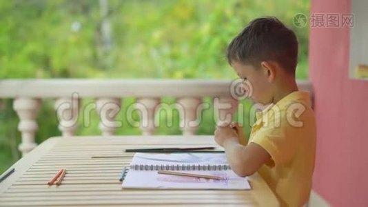 可爱的小男孩在他的绿色自然背景专辑中画画视频