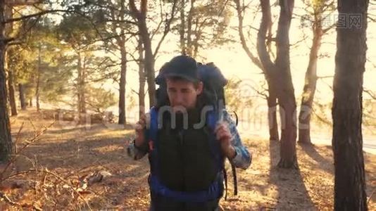 徒步旅行者带着背包徒步穿越森林。 旅游生活方式旅游冒险视频