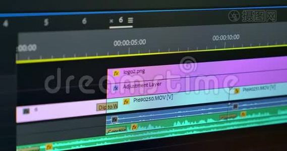 电脑显示器上的视频编辑。 后期制作视频