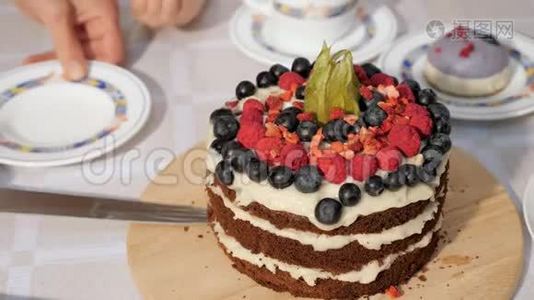 女人切块生日自制巧克力蛋糕，放在盘子上，双手特写。视频