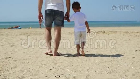 父亲和儿子在阳光明媚的一天沿着海边沙滩走向大海视频