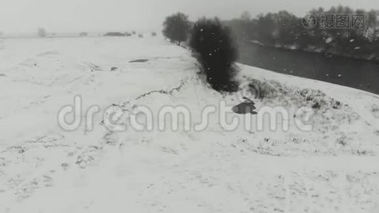 空中观景台。 飞越美丽的冬河和雪林视频