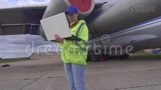 一架客机的背景下，一位身穿制服的女士带着笔记本电脑视频