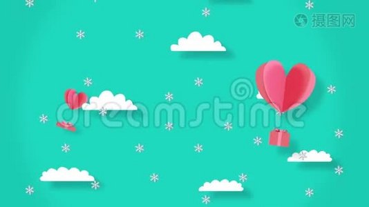 圣诞动画与雪礼物盒与浮动的心背景是一个图形的云和天空视频