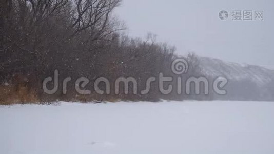 冰冻的河水高岸下的雪视频