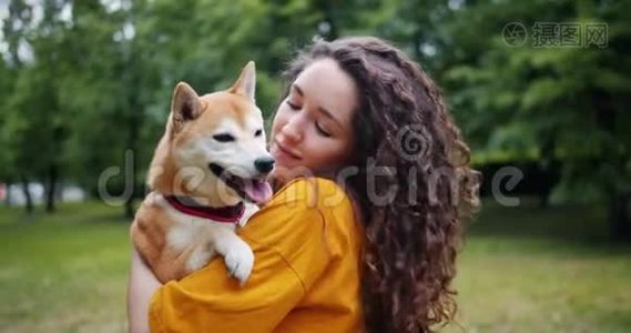 夏天在公园里抱着狗、亲吻和拥抱宠物的女士的肖像视频