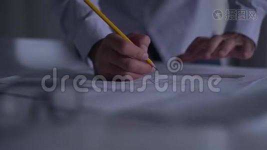 用铅笔特写男性手在蓝图上写笔记。 从事新项目的成年白种人建筑师视频