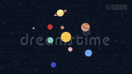 太阳系。 行星围绕着燃烧的太阳。 平面设计。 循环动画视频