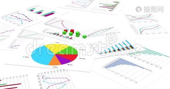 白色背景的财务图表越来越多。 循环三维动画。 4K改进版本视频