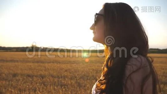 美丽的女孩正沿着麦田走，背景是太阳耀斑。 年轻女子去草地的照片视频