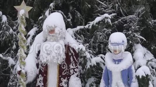 圣诞老人和白雪公主靠近圣诞树，特写，装饰，慢动作视频