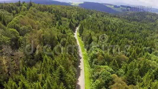 空中景色飞越两条车道的森林道路，汽车移动的绿色树木的树林生长两侧。 汽车行驶视频