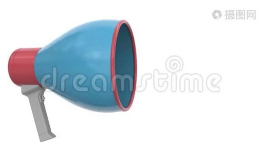 蓝色扩音器，带有特别的官方信息，关于语音泡沫。 概念三维动画视频