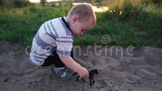 一个小男孩在沙滩上慢动作玩马玩具视频