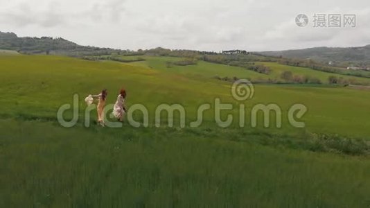 两个年轻女子在夏野上婆娑起舞.. 意大利，托斯卡纳。视频