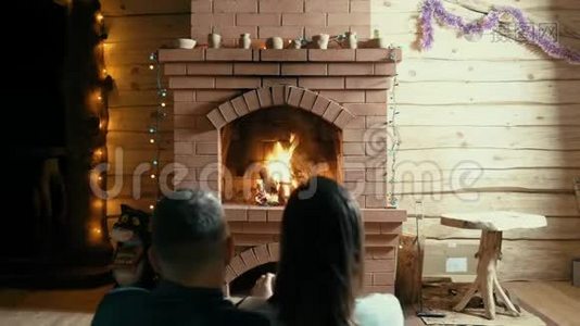 夫妻和狗坐在壁炉旁视频