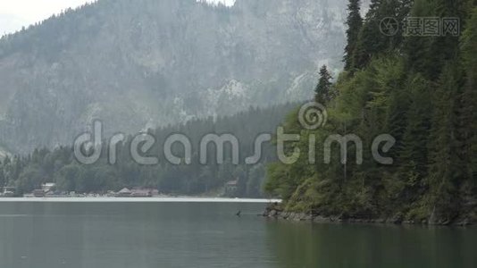 有绿色森林的山湖。 水中的倒影.. 山、林、湖美丽的夏季景观视频