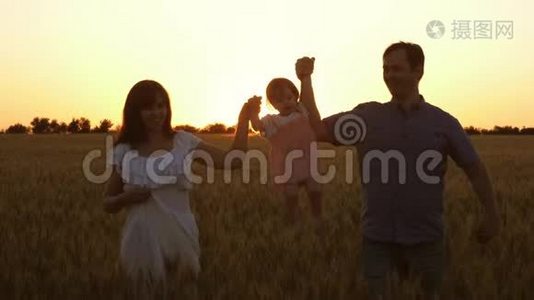 快乐的女儿和爸爸妈妈一起周游一片成熟的小麦，孩子笑了。 家庭团队合作。 宝贝视频