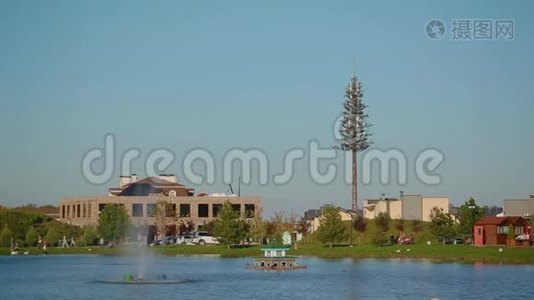 令人惊叹的圣诞树在长长的光秃秃的树干塔上，覆盖着湖泊、喷泉、树木和步行者的图案城市公园视频