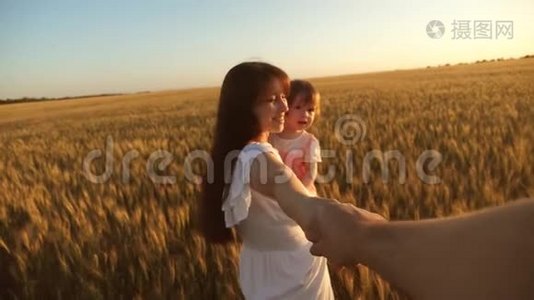 去追我。 母女俩笑着旅行，牵着爸爸的手。 幸福的一家人牵着手，在麦子里奔跑视频