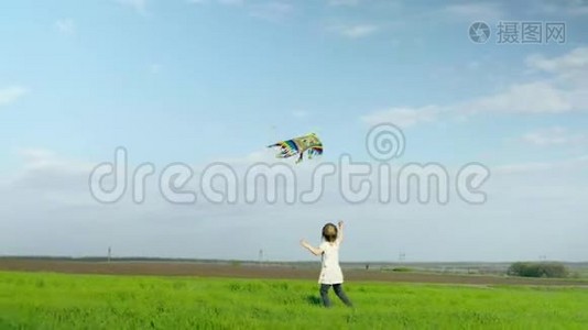活泼开朗的小女孩在绿茵场上玩风筝视频