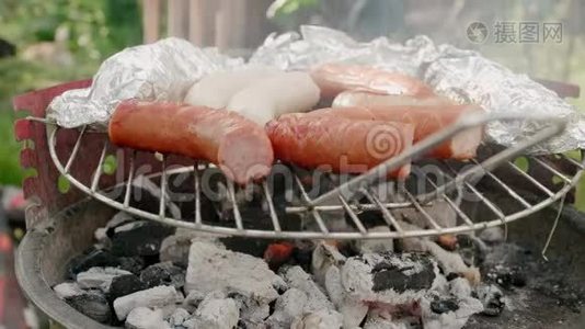 在夏季周末烧烤晚会上用烧烤炉烤煤视频