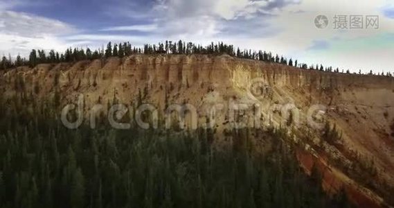 阳光明媚的一天，空中摄影机接近松林峡谷的悬崖视频