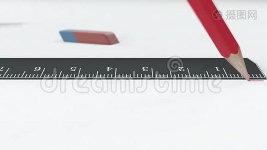 红色铅笔沿着尺子画一条线视频