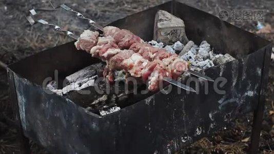 手把肉串放在木炭烤架上。 烧烤炉烧肉视频